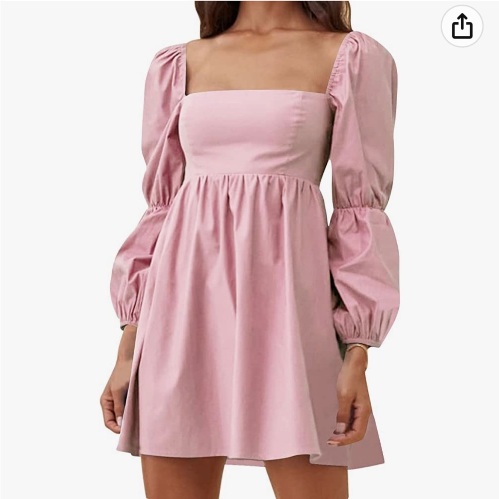 EXLURA Womens Square Neck Dress Long Puff Sleeve A-Line Casual Short Mini Dress